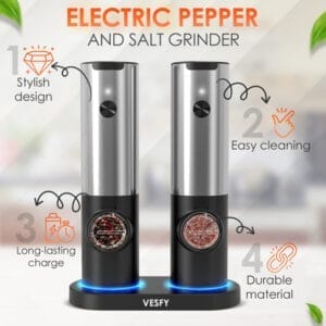 Vesfy XXL Elektrische Peper en Zoutmolen Set - USB Oplaadbaar met Laadstation - Instelbare Maalgraad - LED Licht - BBQ Accessoires - Image 9