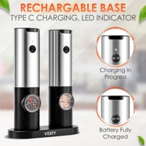 Vesfy XXL Elektrische Peper en Zoutmolen Set - USB Oplaadbaar met Laadstation - Instelbare Maalgraad - LED Licht - BBQ Accessoires - Image 3