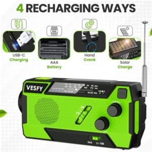 Notfallradio - 7400mWh Solar- und Kurbelantrieb mit eingebauten Kabeln und LED-Taschenlampe - Vesfy – Bild 4