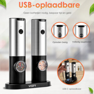 Zout- en pepermolenset - oplaadbaar met oplaadstation & instelbare grofheid - Vesfy - Afbeelding 3