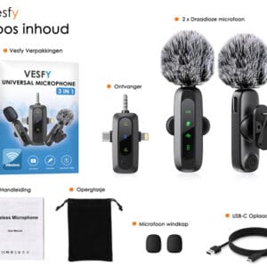 Vesfy Draadloze Microfoon - 2 Stuks - Geschikt voor iPhone, Android en Camera - Plug & Play - 20 Meter Bereik - Afbeelding 7
